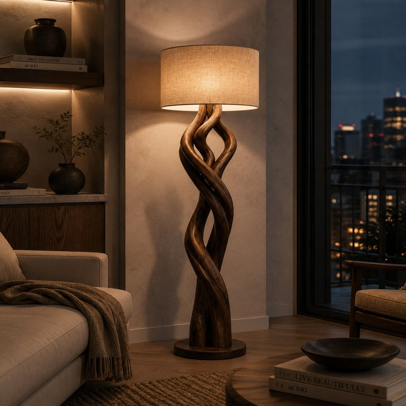 Elegant wooden lamp showcasing natural craftsmanship and warm lighting, perfect for classic interior decor